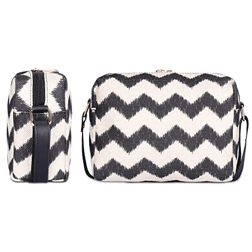 THE CLOWNFISH Alfreda Series Sling for Women Printed Handicraft Fabric & Faux Leather Casual Ladies Single Shoulder Bag For Women Crossbody Bag for College Girls (Black-Wave Design) - SaumyasStore
