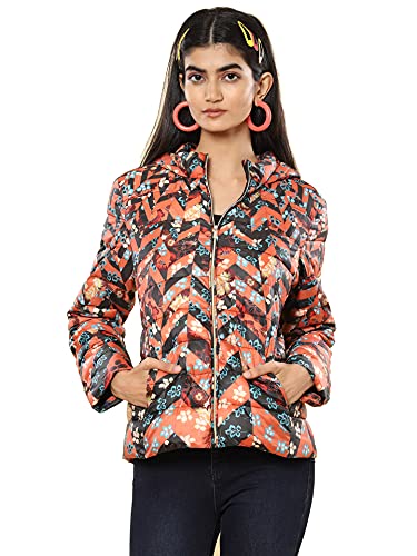 Label RITU KUMAR Rust Floral Print Hooded Puffer Jacket - SaumyasStore