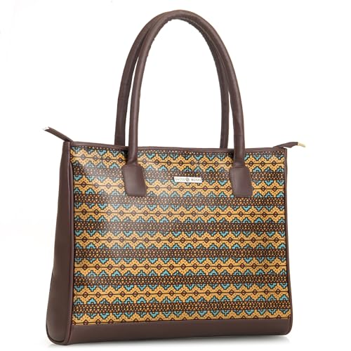SACCI MUCCI Women's Tote Bag | Large Capacity Tote Bags For Women with Padded Laptop Compartment | Big Shoulder Bag for Office-EthnicTraditional Print (Brown) - SaumyasStore
