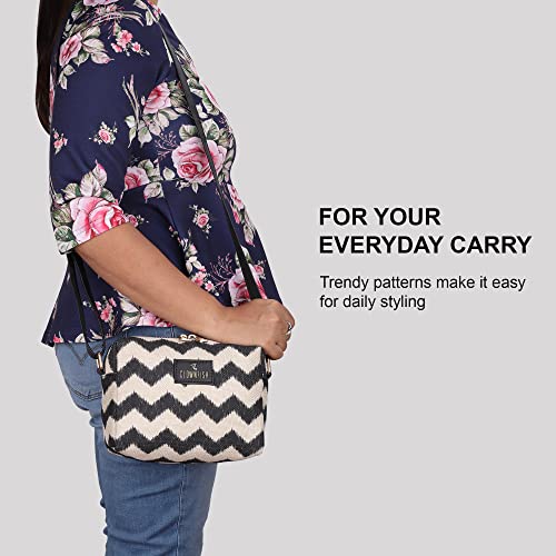 THE CLOWNFISH Alfreda Series Sling for Women Printed Handicraft Fabric & Faux Leather Casual Ladies Single Shoulder Bag For Women Crossbody Bag for College Girls (Black-Wave Design) - SaumyasStore