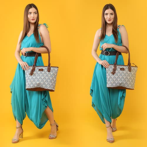 THE CLOWNFISH Percy Printed Handicraft Fabric Handbag for Women Office Bag Ladies Shoulder Bag Tote For Women College Girls (White with Grey stripes) - SaumyasStore