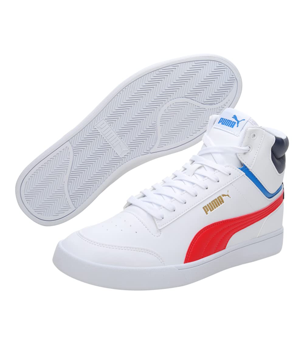 Puma Unisex Shuffle Mid Sneaker, Puma White-High Risk Red-Peacoat-Puma Team Gold) - SaumyasStore