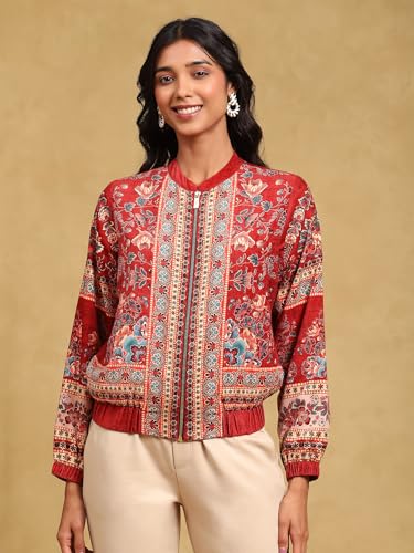 Label RITU KUMAR Red Floral Velvet Jacket - SaumyasStore