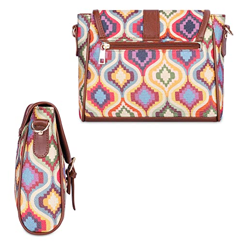 THE CLOWNFISH Madeline Printed Handicraft Fabric Handbag for Women Sling Bag Office Bag Ladies Shoulder Bag with Snap Flap Closure & Shoulder Belt Tote For Women College Girls (Multicolour Design) - SaumyasStore