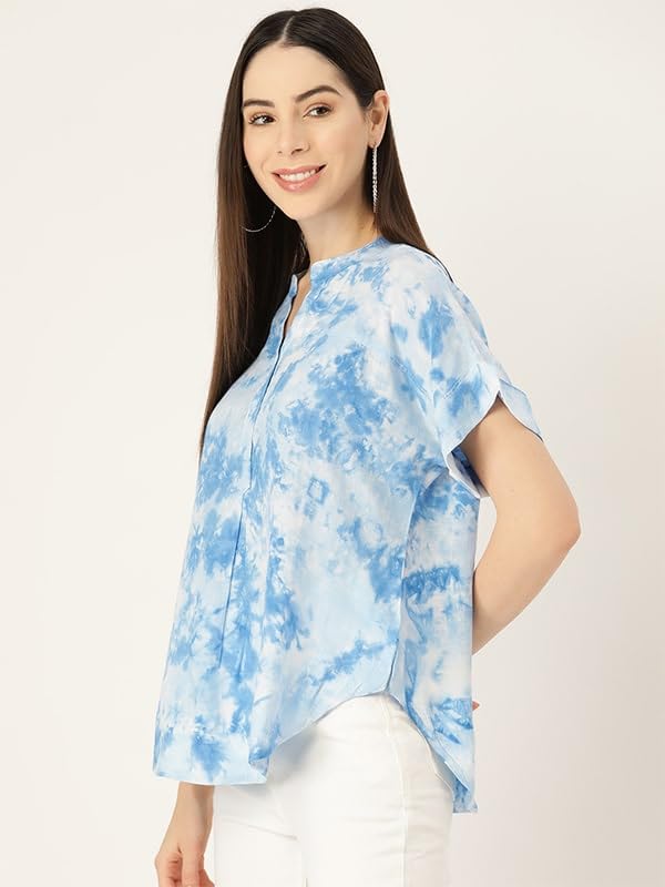 Maaesa Hand Done Multicolor Tie Dyed Rayon Slub Top (Light Blue) - SaumyasStore