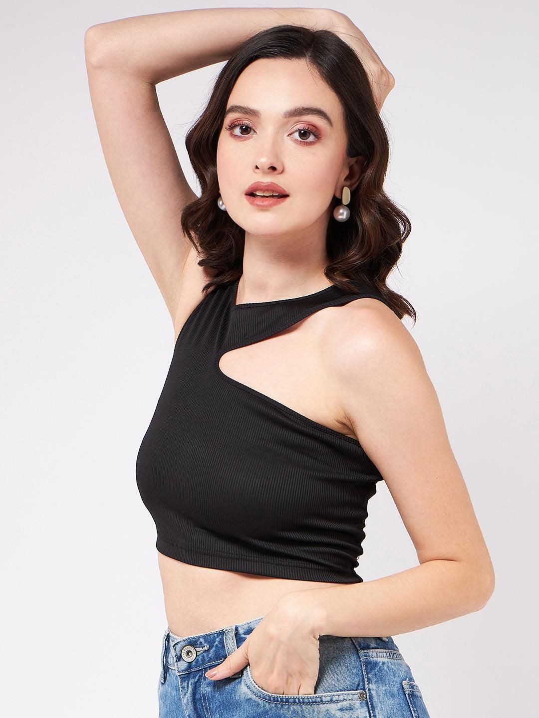 Solid Asymmetric Cut-Out Rib Crop Top For Women's - SaumyasStore
