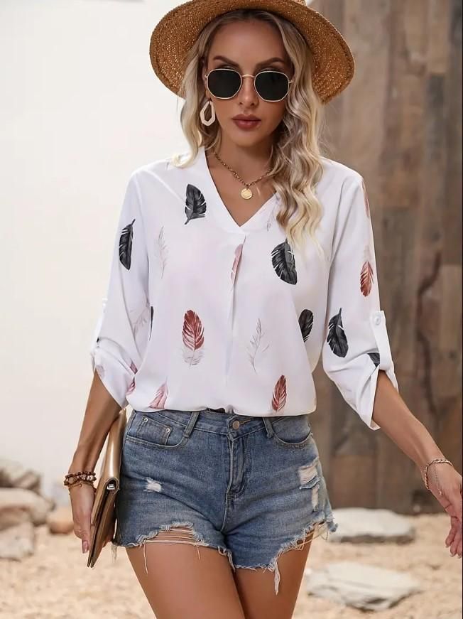 AAHWAN Women's Casual Roll Up Sleeves Printed Top - SaumyasStore