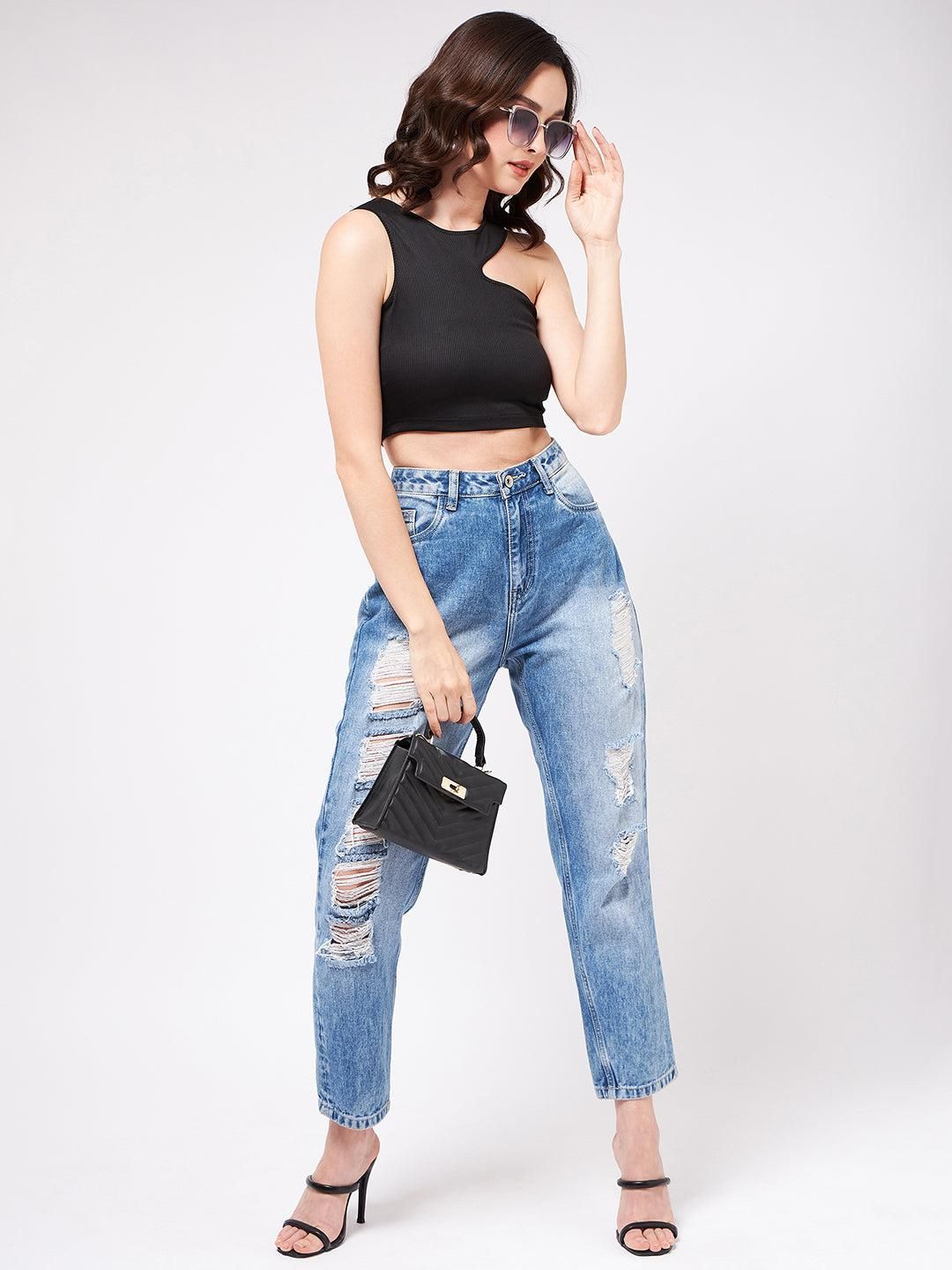 Solid Asymmetric Cut-Out Rib Crop Top For Women's - SaumyasStore