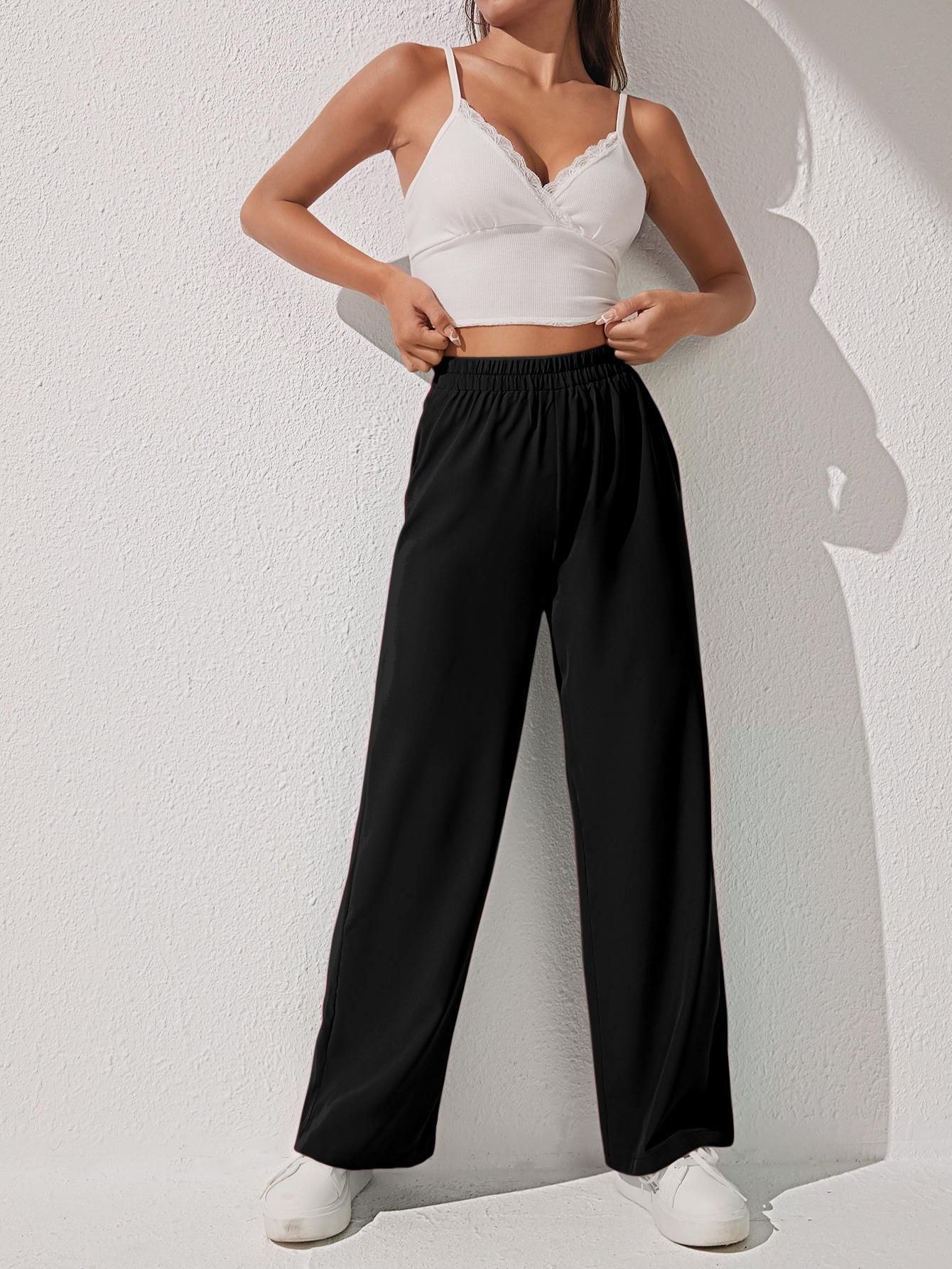 AAHWAN Women's Solid Loose Fit High-Rise Palazzo - SaumyasStore