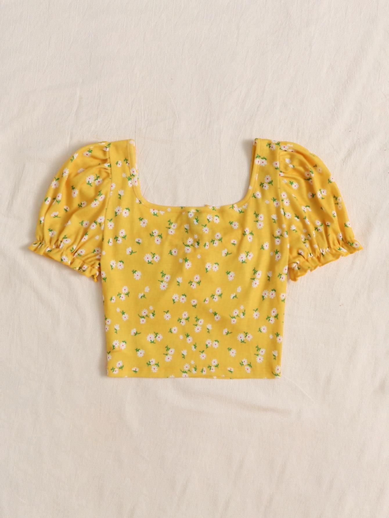 AAHWAN Puff Sleeves Floral Print Crop Top For Women's - SaumyasStore