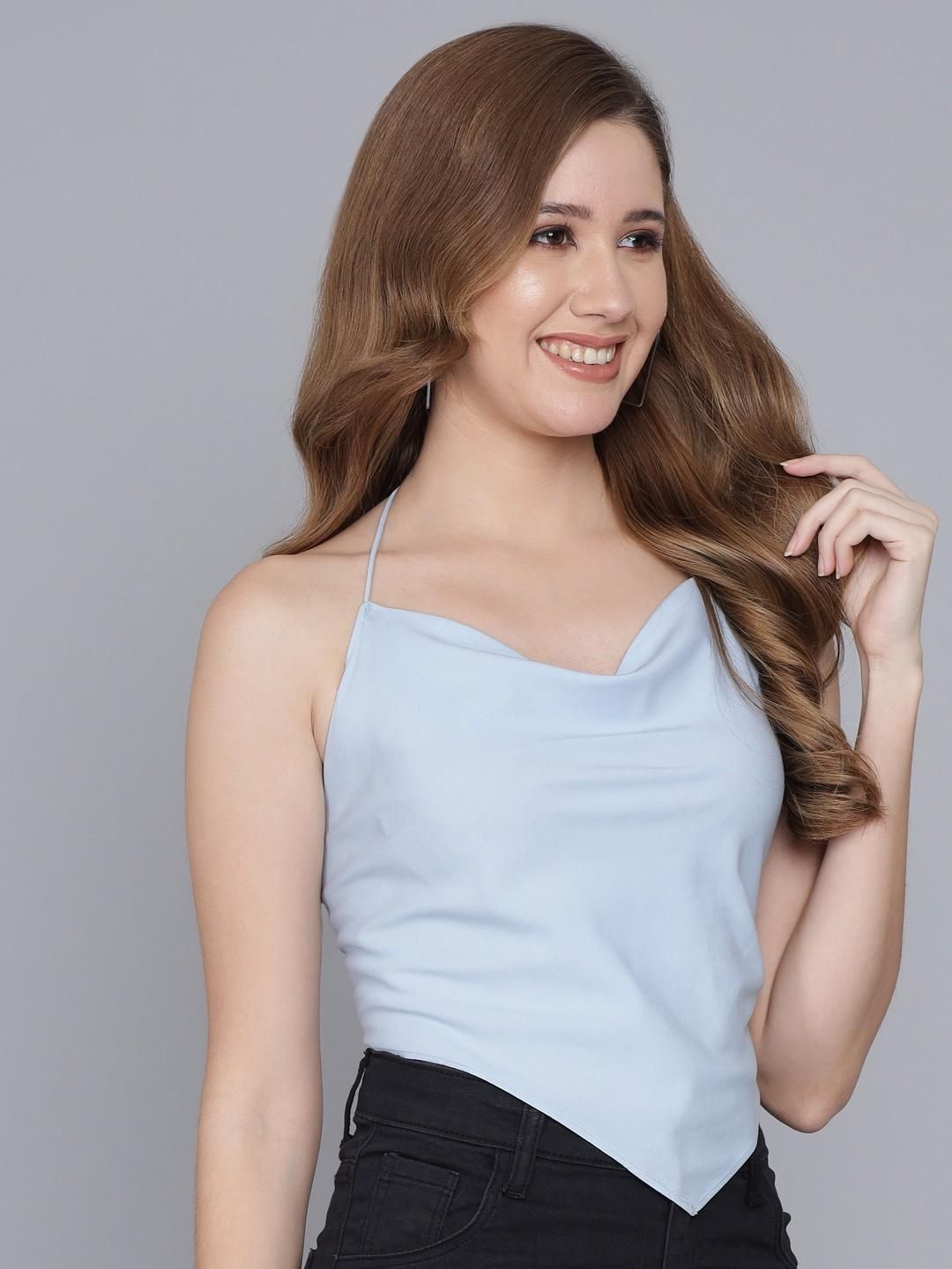 FLAMBOYANT Casual Sleeveless Solid Women Light Blue Top - SaumyasStore
