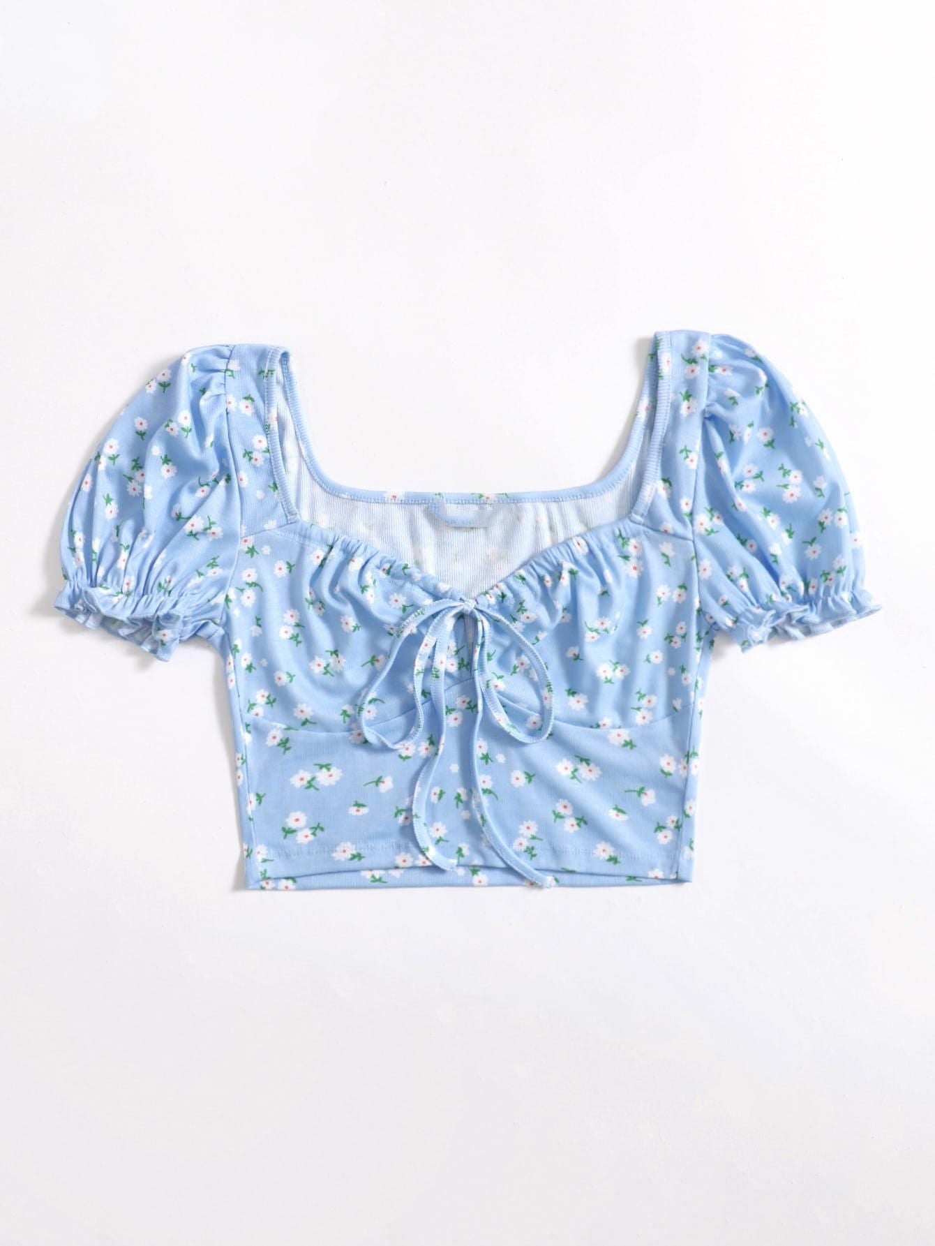 AAHWAN Puff Sleeves Floral Print Crop Top For Women's - SaumyasStore