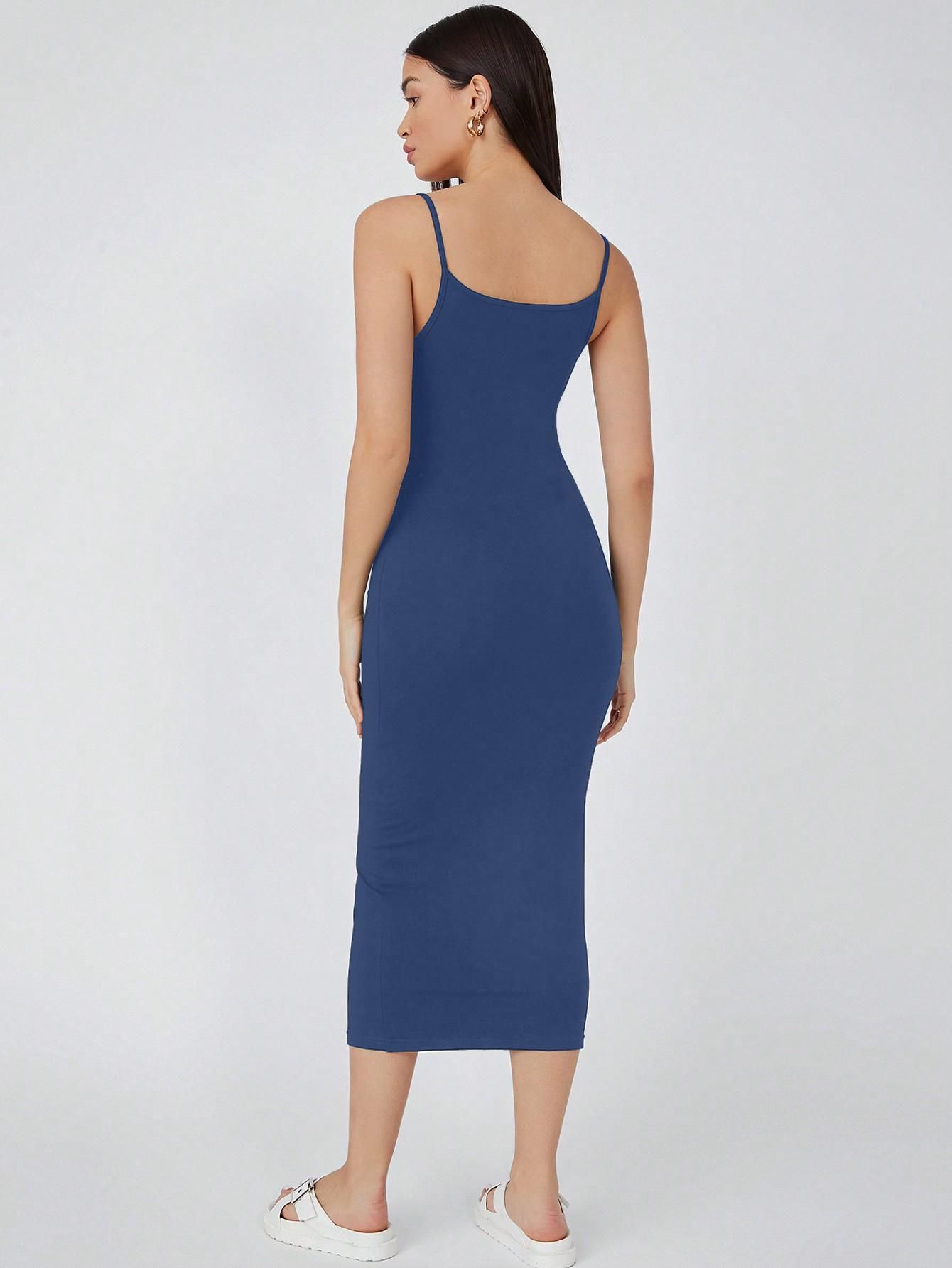 AAHWAN Women's Blue Solid Bodycon Midi Dress - SaumyasStore