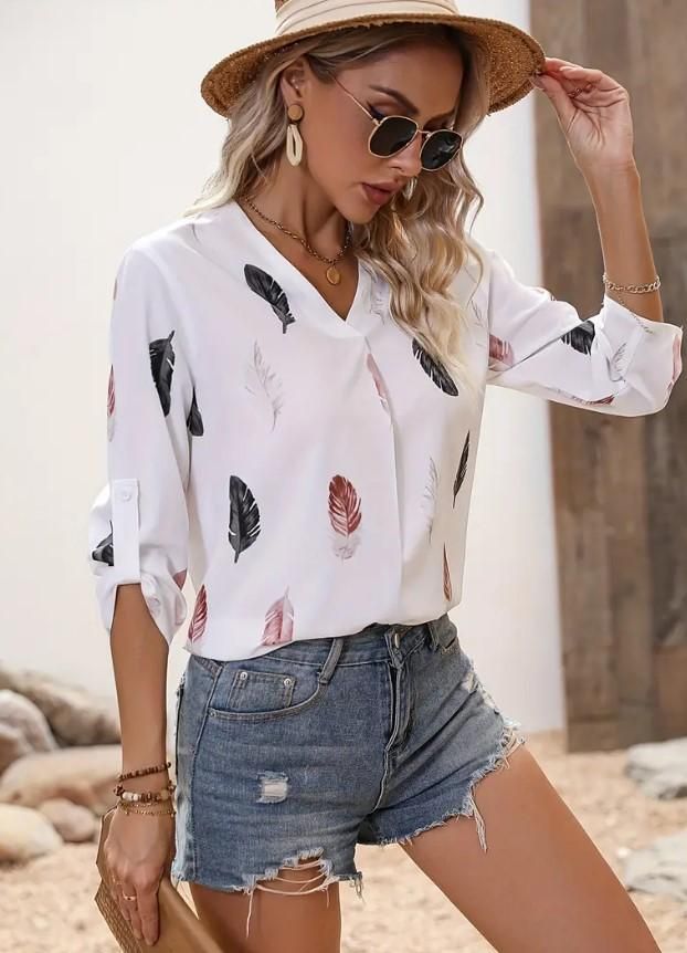 AAHWAN Women's Casual Roll Up Sleeves Printed Top - SaumyasStore