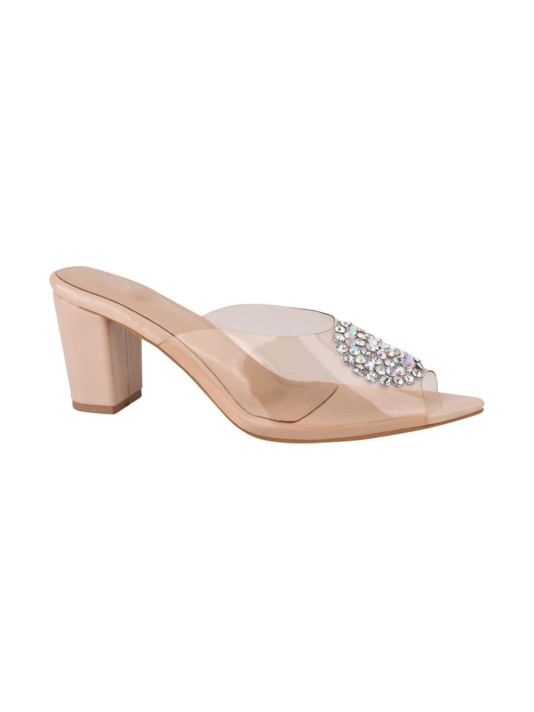Transparent Block Heel Stone Studded Sandal For Women's - SaumyasStore