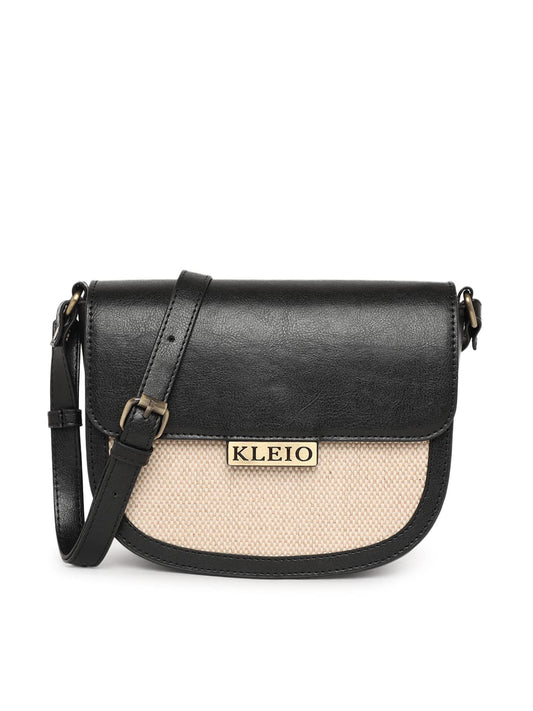 KLEIO Jute Canvas PU Leather Crossbody Side Sling Bag For Women Girls (HO8038KL-BL)(BLACK) - SaumyasStore