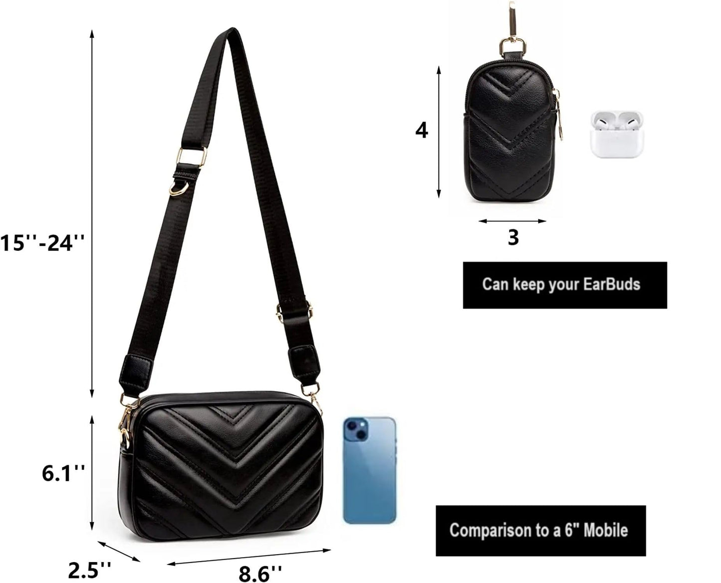 ADISA Women's Girls Cross Body Sling Bag with Pouch (SL5127_Black) - SaumyasStore