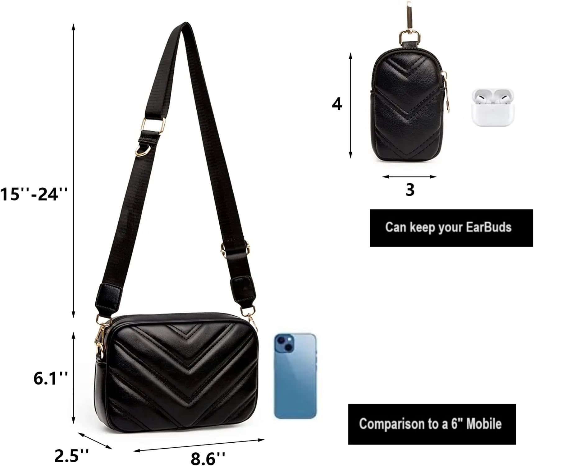 ADISA Women's Girls Cross Body Sling Bag with Pouch (SL5127_Black) - SaumyasStore