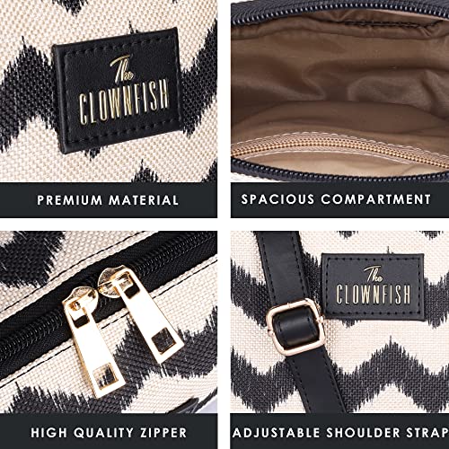 THE CLOWNFISH Alfreda Series Sling for Women Printed Handicraft Fabric & Faux Leather Casual Ladies Single Shoulder Bag For Women Crossbody Bag for College Girls (Black-Wave Design) - SaumyasStore