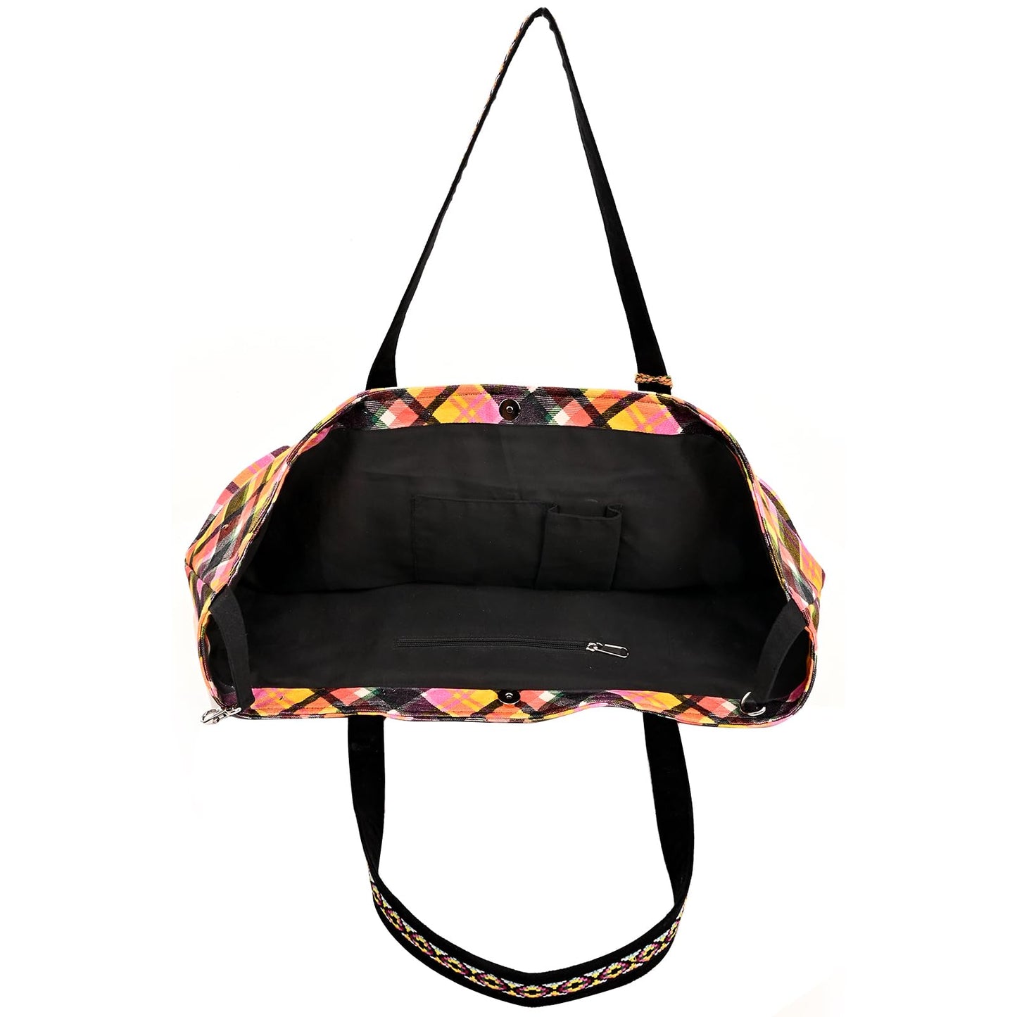 Boho Girl Cheetah Embellished Checkered Tote | Shoulder Bag with Inner Zip Pocket - Jacquard Handbag for Travel and Any Occassion - SaumyasStore