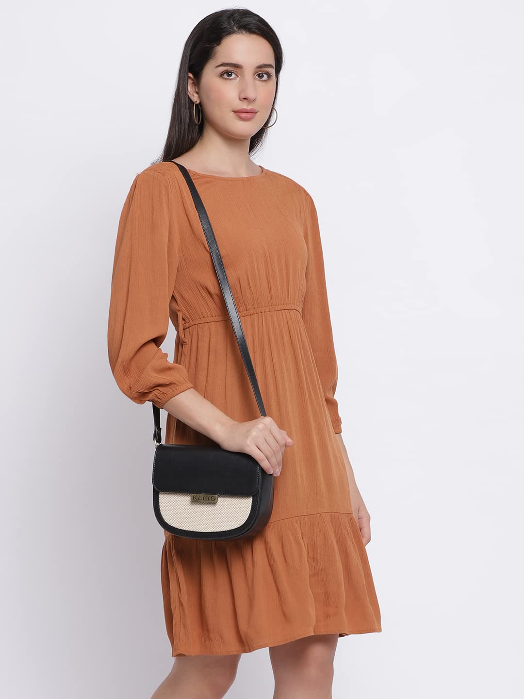 KLEIO Jute Canvas PU Leather Crossbody Side Sling Bag For Women Girls (HO8038KL-BL)(BLACK) - SaumyasStore