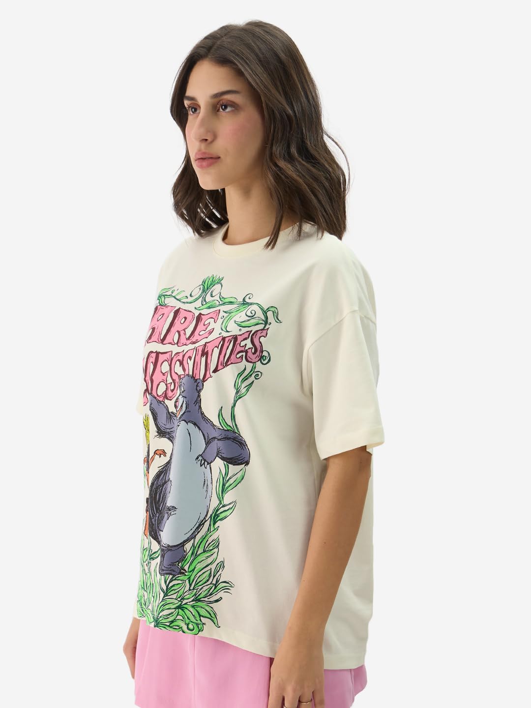 The Souled Store Official Disney: Bare Necessities Women and Girls Short Sleeve Round Neck White Graphic Print Cotton Oversized Fit T-Shirts Disney Old Retro Cartoon 90s Animated Character Themed - SaumyasStore
