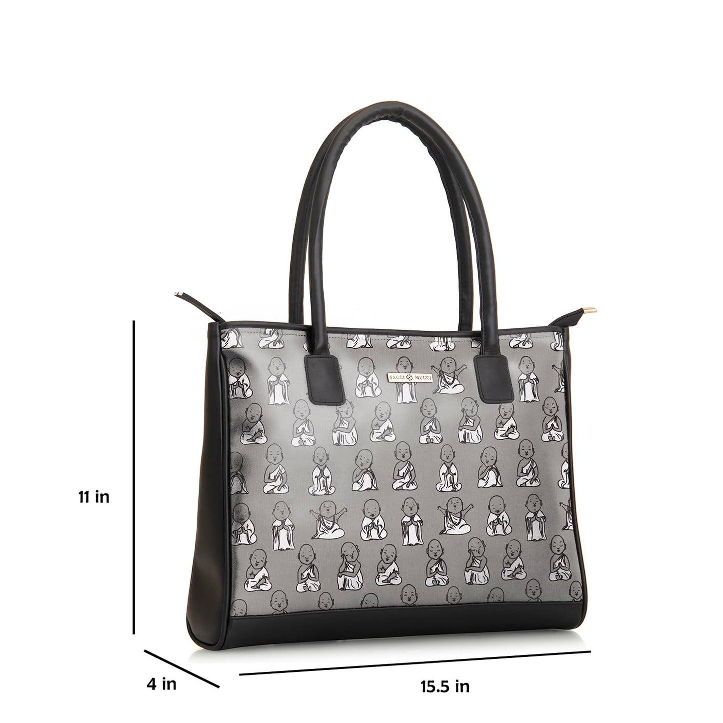 SACCI MUCCI Women's Tote Bag | Tote Bags For Women with Padded Laptop Compartment | Big Shoulder Bag for Office- Cute Monk Design Print (Black) - SaumyasStore