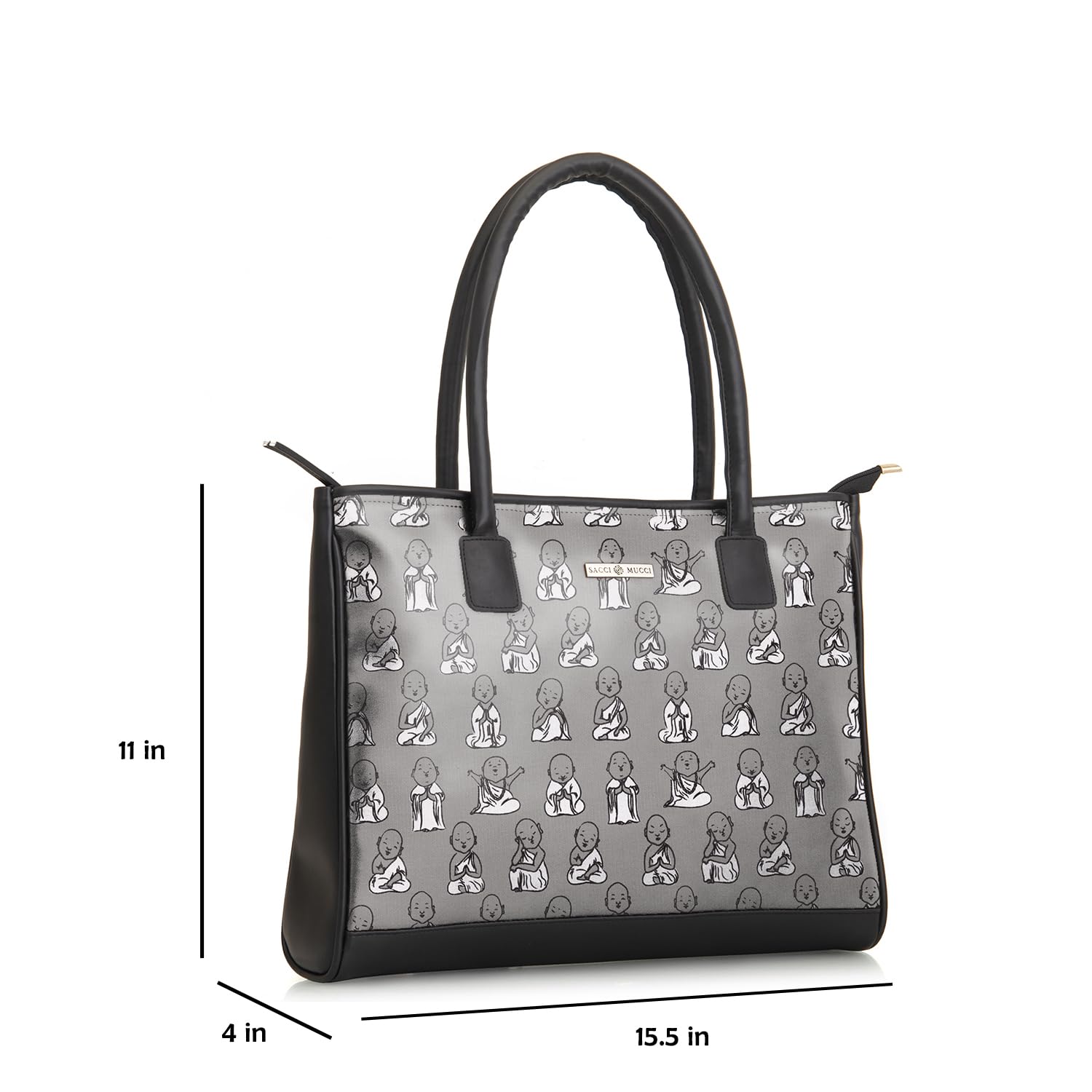 SACCI MUCCI Women's Tote Bag | Tote Bags For Women with Padded Laptop Compartment | Big Shoulder Bag for Office- Cute Monk Design Print (Black) - SaumyasStore