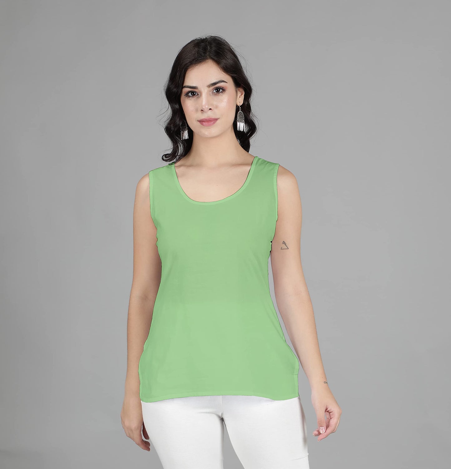 Seva Chikan Hand Embroidered Lucknowi Chikankari Green Georgette Short Top Tunic with Matching Inner Slip for Womens (Green) - SaumyasStore