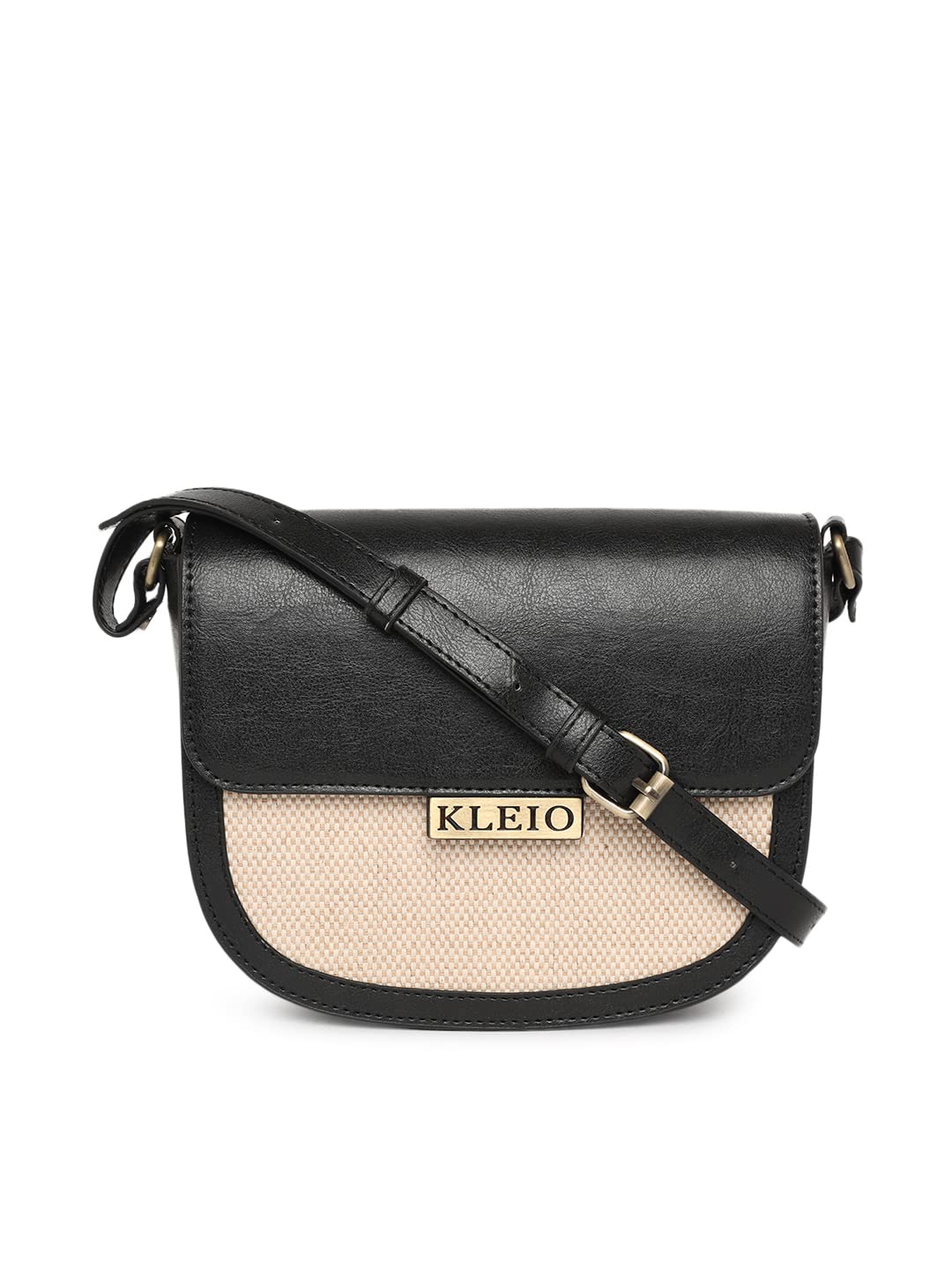 KLEIO Jute Canvas PU Leather Crossbody Side Sling Bag For Women Girls (HO8038KL-BL)(BLACK) - SaumyasStore