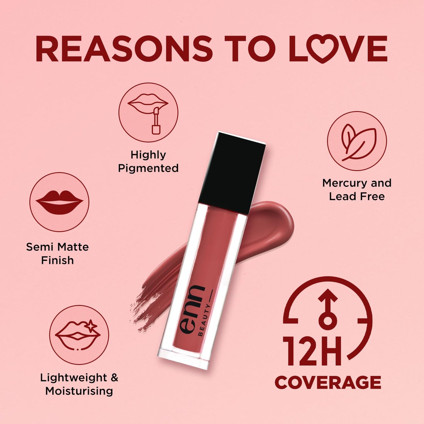 Enn Beauty Semi Matte Pink Liquid Lipstick, Long Lasting Waterproof Non Transfer Smudge Proof, Coral Cooler - 1.5ml - SaumyasStore