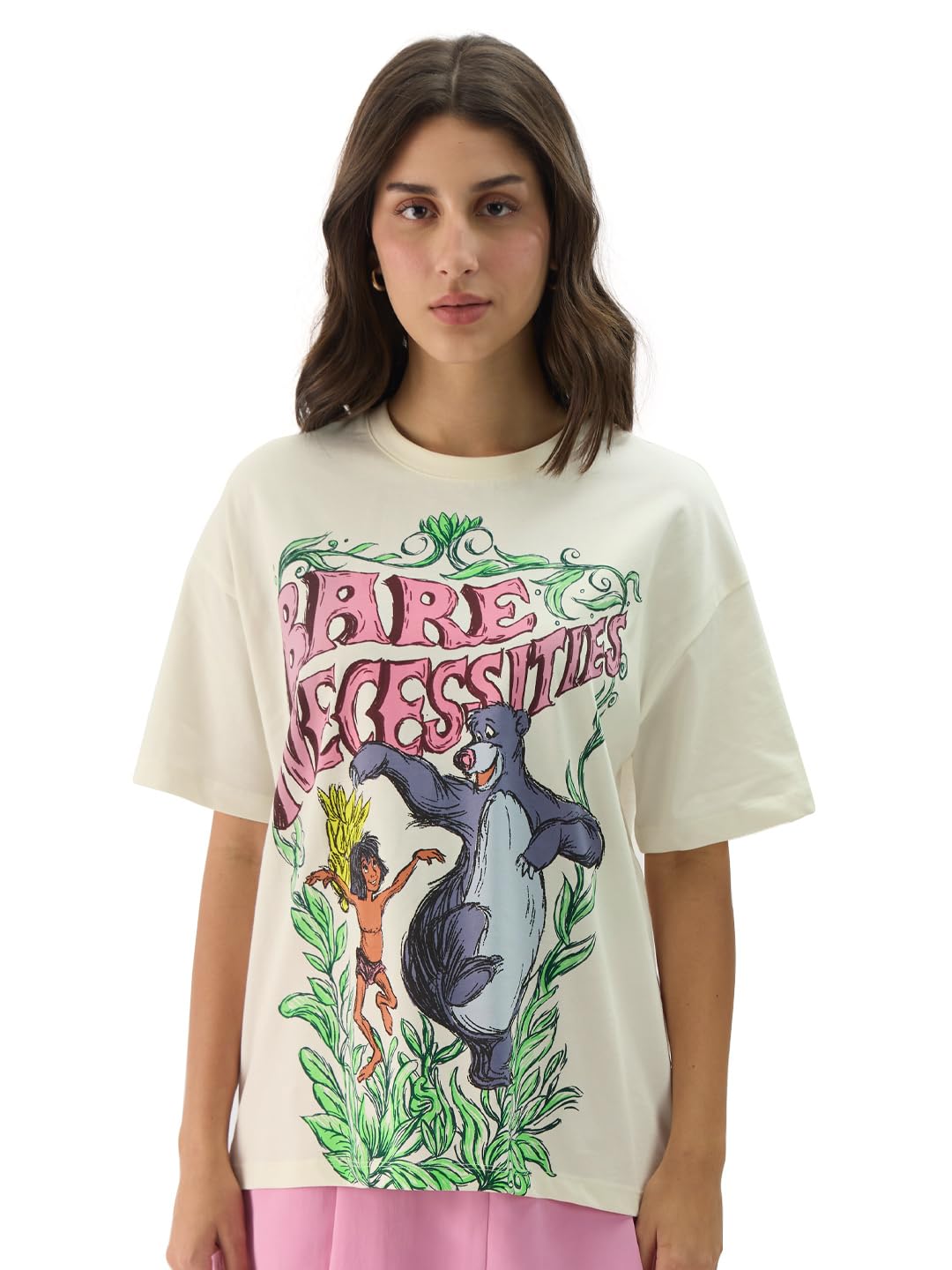 The Souled Store Official Disney: Bare Necessities Women and Girls Short Sleeve Round Neck White Graphic Print Cotton Oversized Fit T-Shirts Disney Old Retro Cartoon 90s Animated Character Themed - SaumyasStore