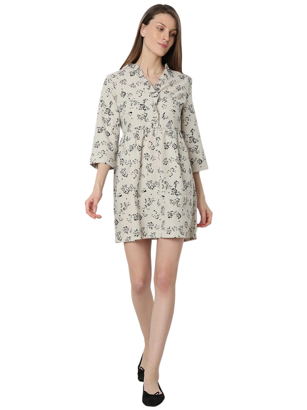 VERO MODA ' Women's Polyester Fit and Flare Above The Knee Dress (10304007-Silver Lining_Silver - SaumyasStore