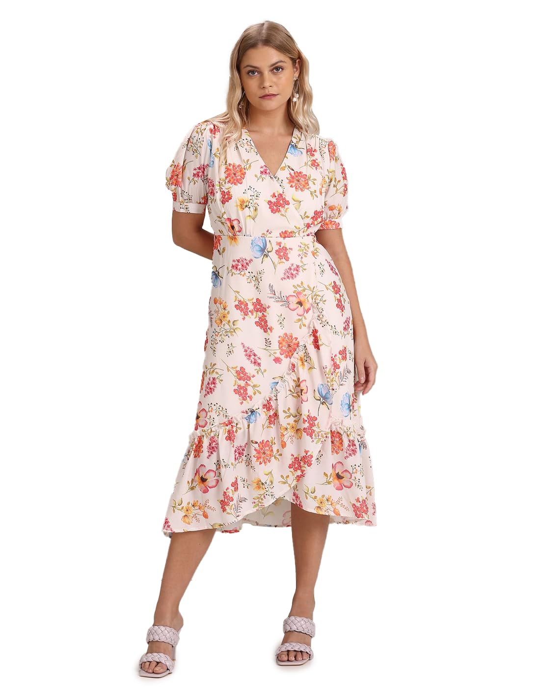 USPOLO Womens Women's Polyester WRAP Midi Casual Dress (White) - SaumyasStore