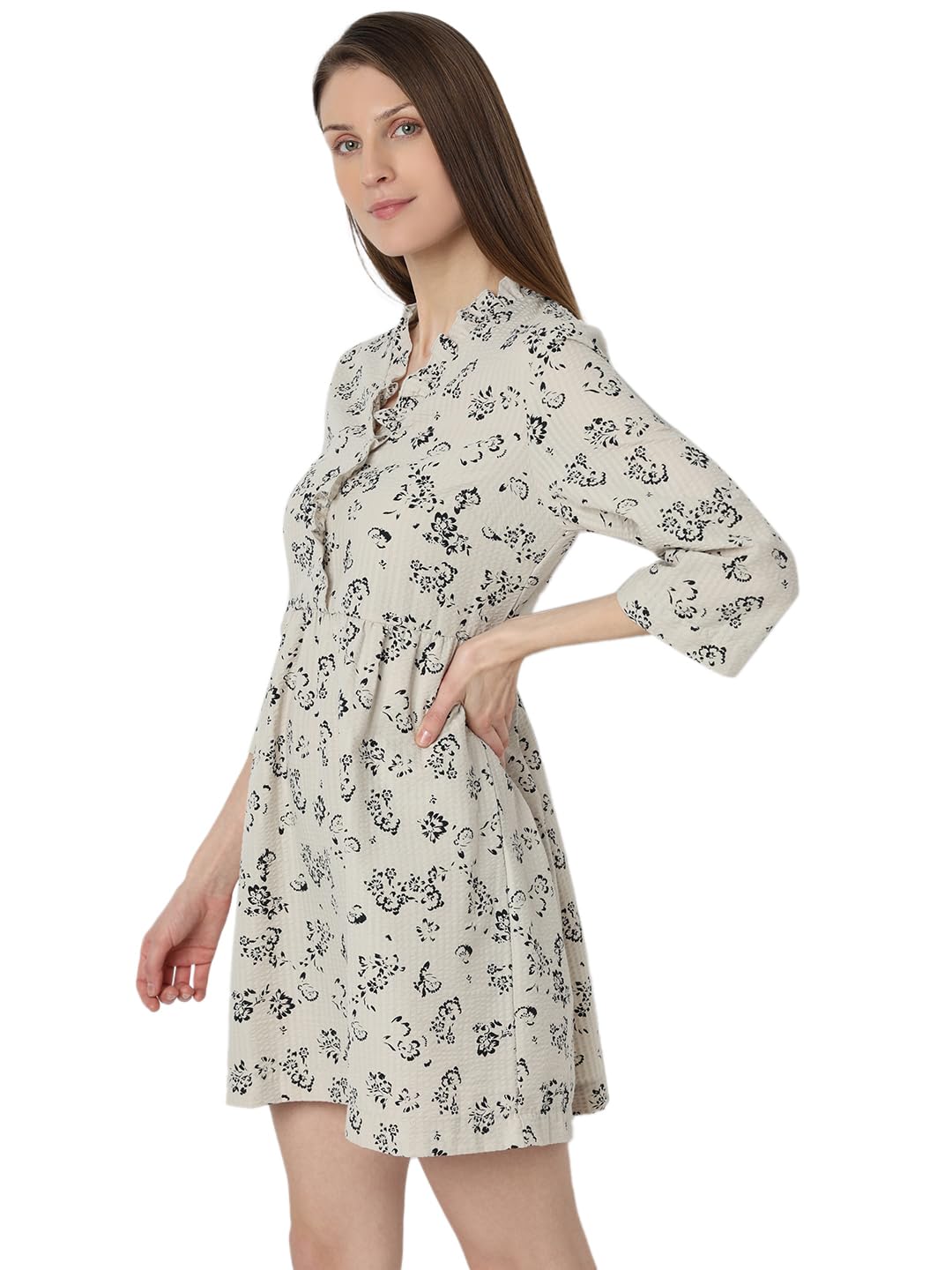 VERO MODA ' Women's Polyester Fit and Flare Above The Knee Dress (10304007-Silver Lining_Silver - SaumyasStore