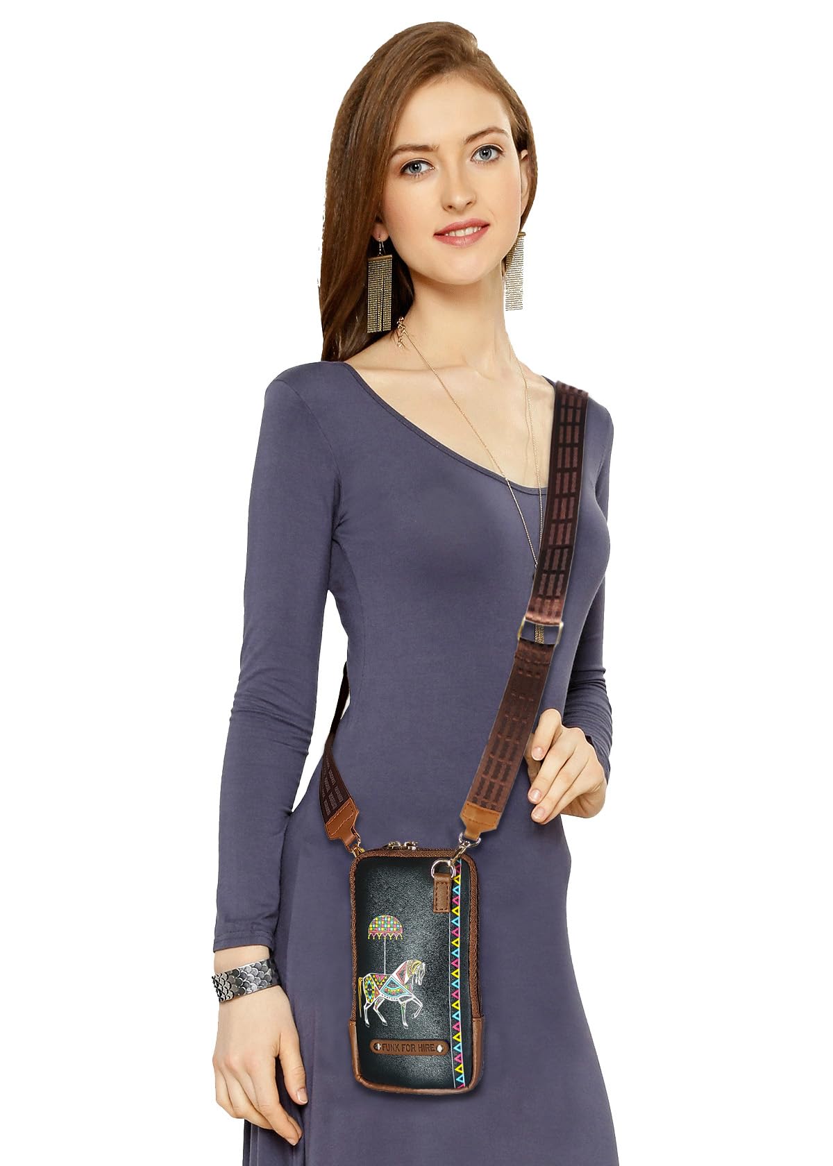 Funk For Hire Leatherette Horse Printed Mobile holder sling bag - Black and Brown - SaumyasStore