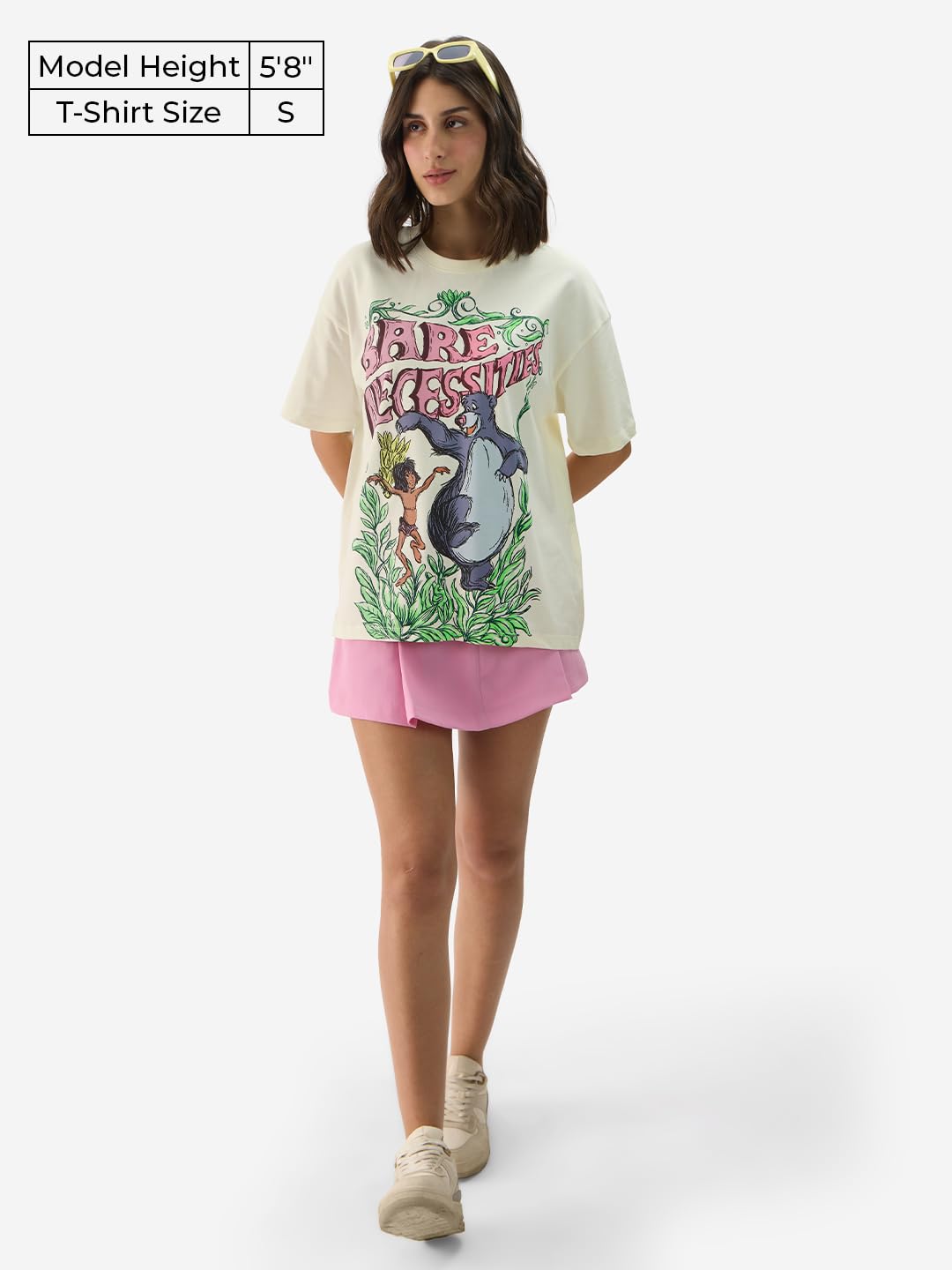 The Souled Store Official Disney: Bare Necessities Women and Girls Short Sleeve Round Neck White Graphic Print Cotton Oversized Fit T-Shirts Disney Old Retro Cartoon 90s Animated Character Themed - SaumyasStore
