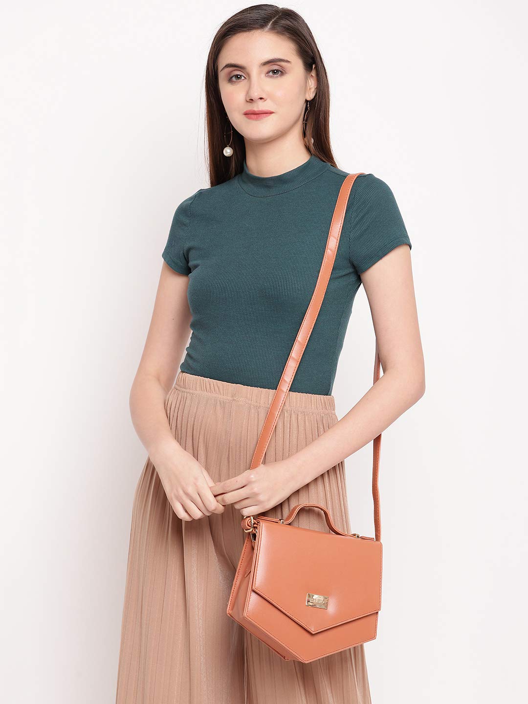 KLEIO PU Vibrant Unique Shape Cross Body Sling Hand Bag For Girls Women Ladies (Tan) (HO8012KL-TA) - SaumyasStore