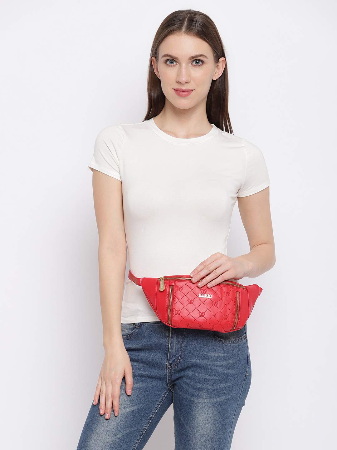 KLEIO Quilted Chain Sling Waist Belt Pouch for Women Girls (HO8017KL-RE) (Red) - SaumyasStore