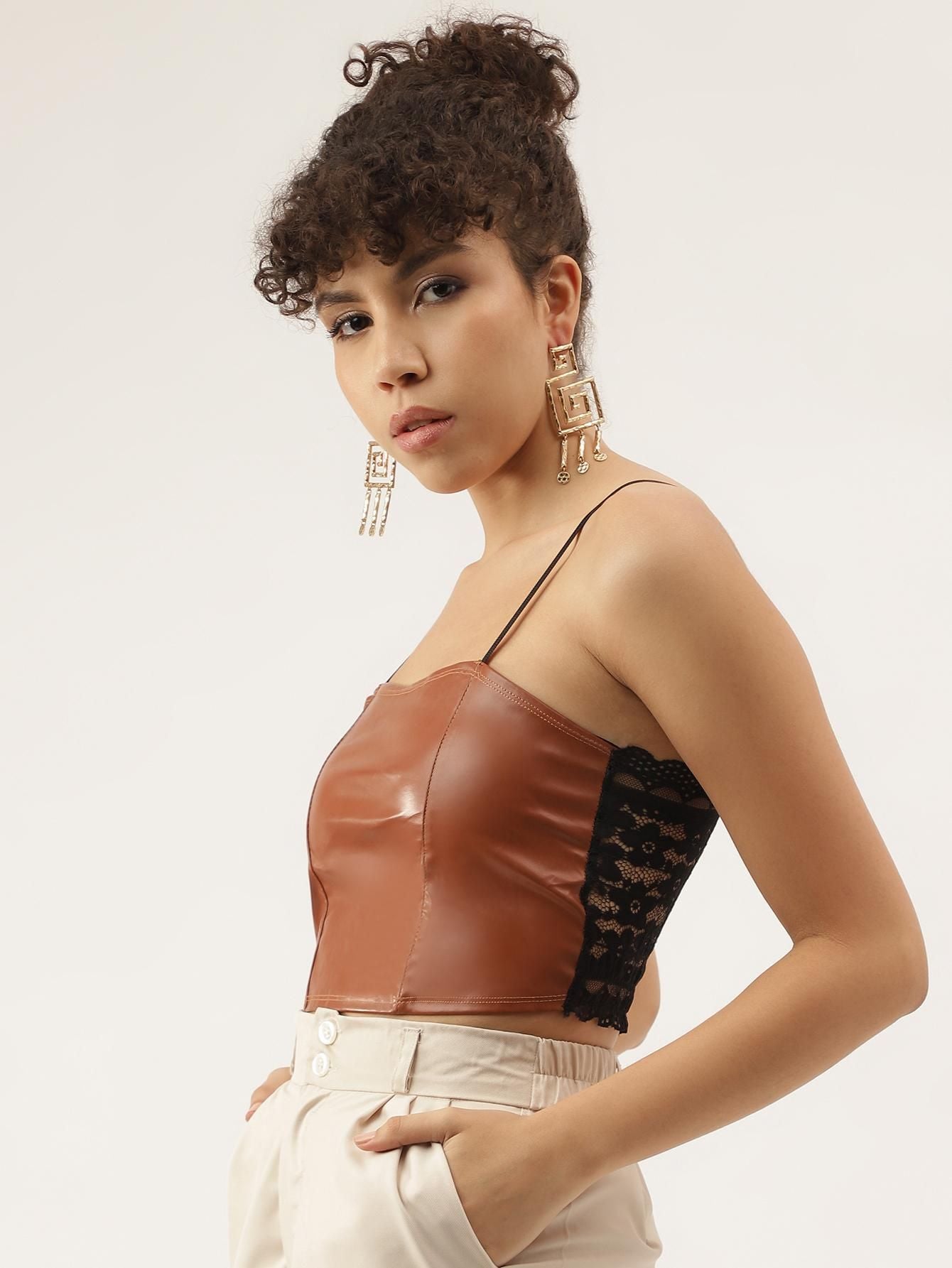 AAHWAN Women's Shoulder Straps Solid Crop Top - SaumyasStore