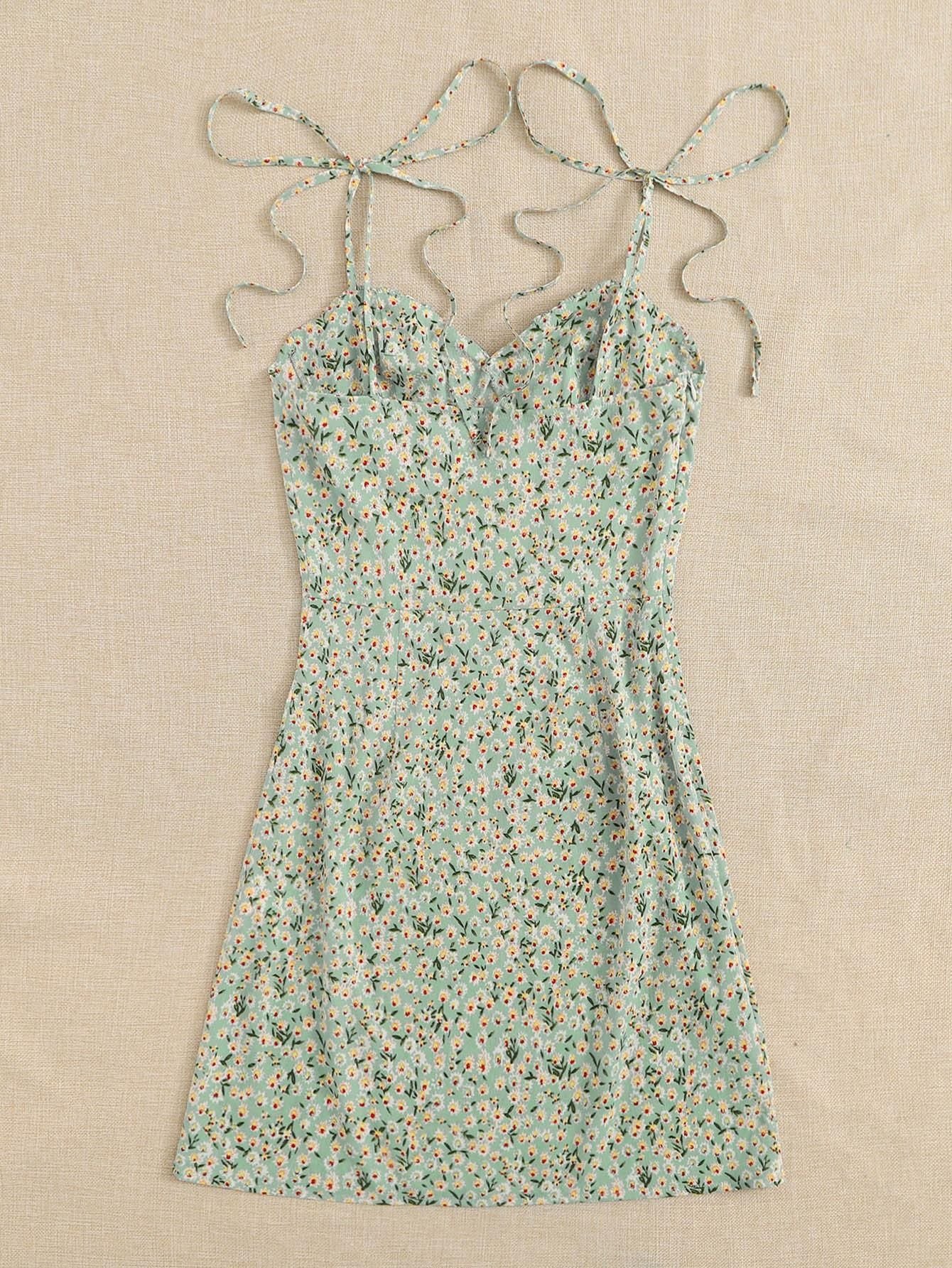 AAHWAN Women's Green Ditsy Floral Print Flared Mini Short Dress - SaumyasStore