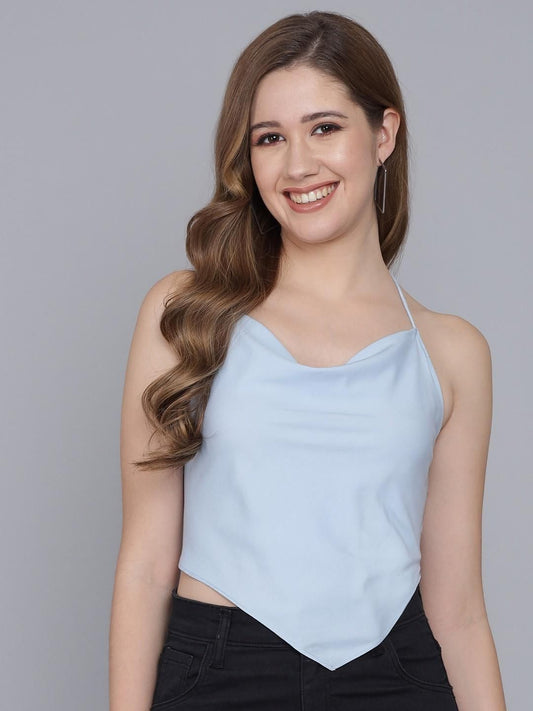 FLAMBOYANT Casual Sleeveless Solid Women Light Blue Top - SaumyasStore