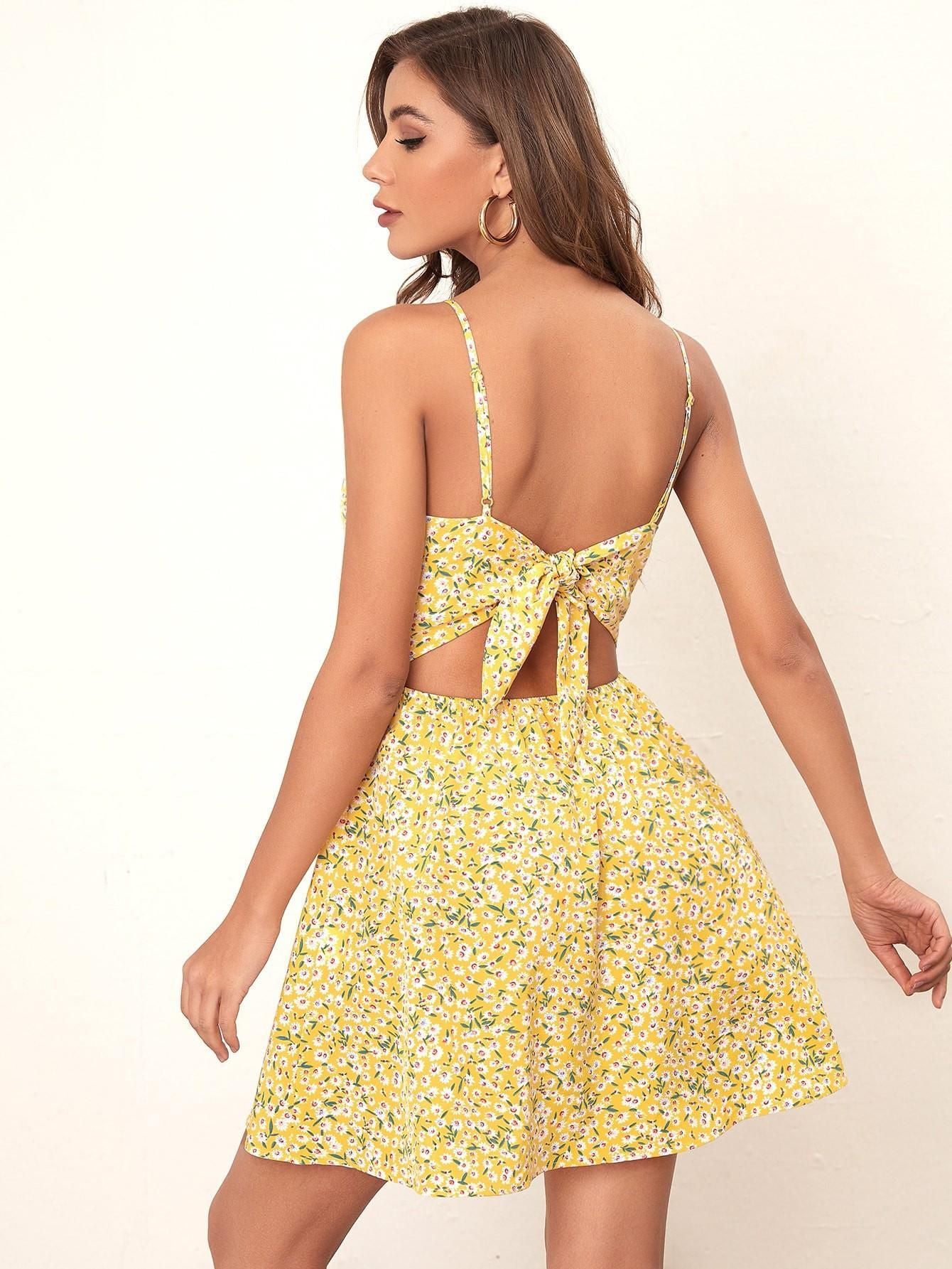 AAHWAN Women's Yellow Ditsy Floral Print Flared Mini Short Dress - SaumyasStore