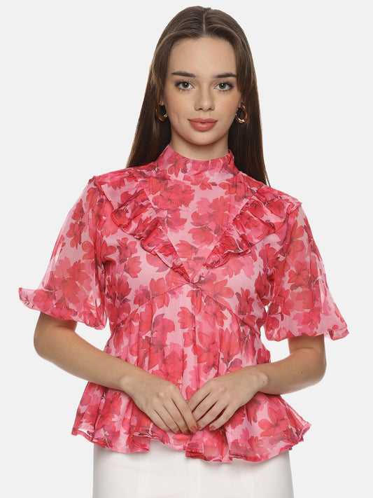 IS.U Floral Pink High Neck Peplum Top - SaumyasStore