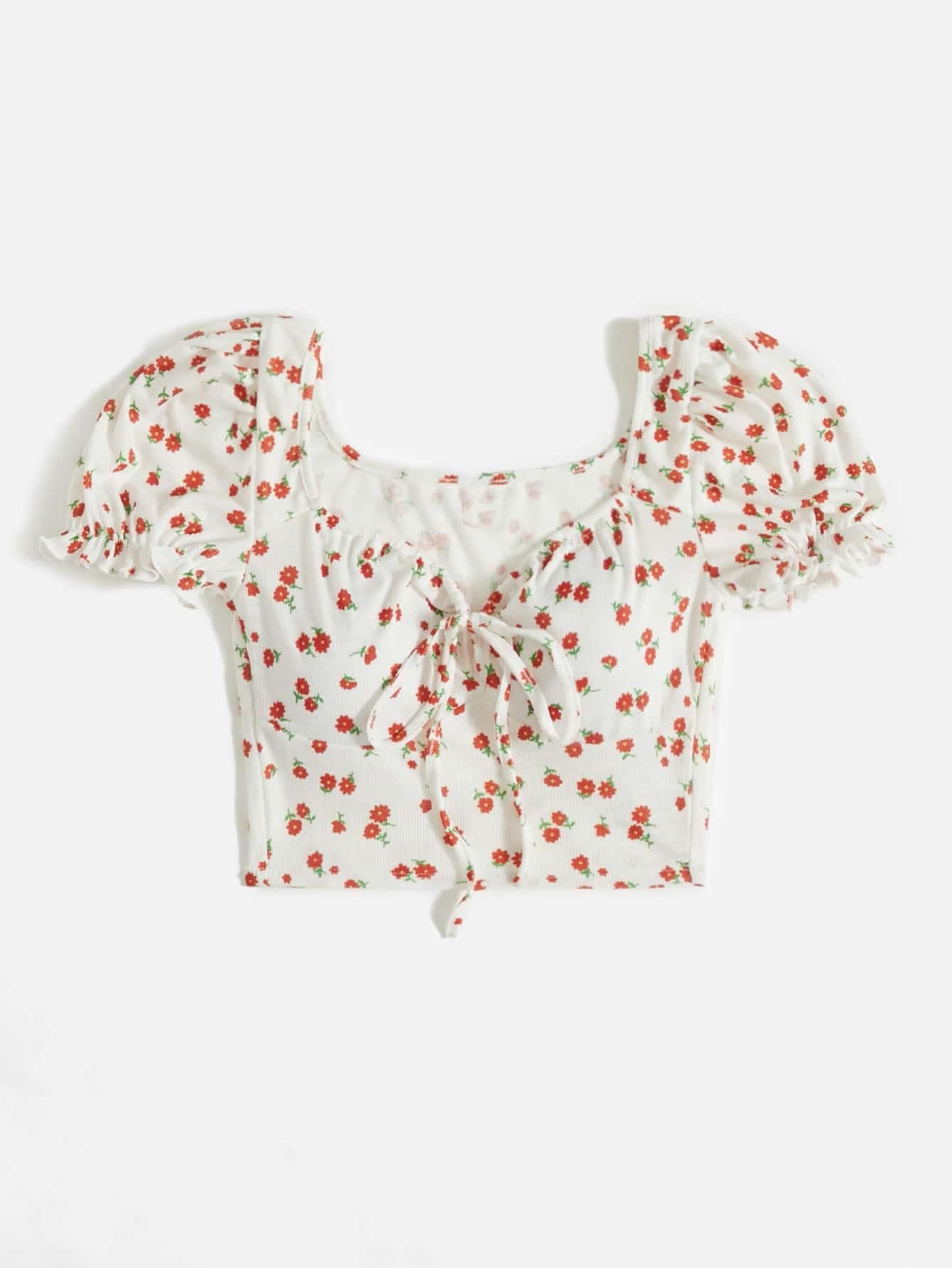 AAHWAN Puff Sleeves Floral Print Crop Top For Women's - SaumyasStore