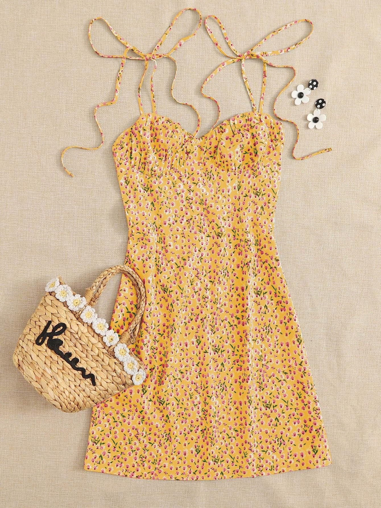 AAHWAN Women's Yellow Ditsy Floral Print Flared Mini Short Dress - SaumyasStore