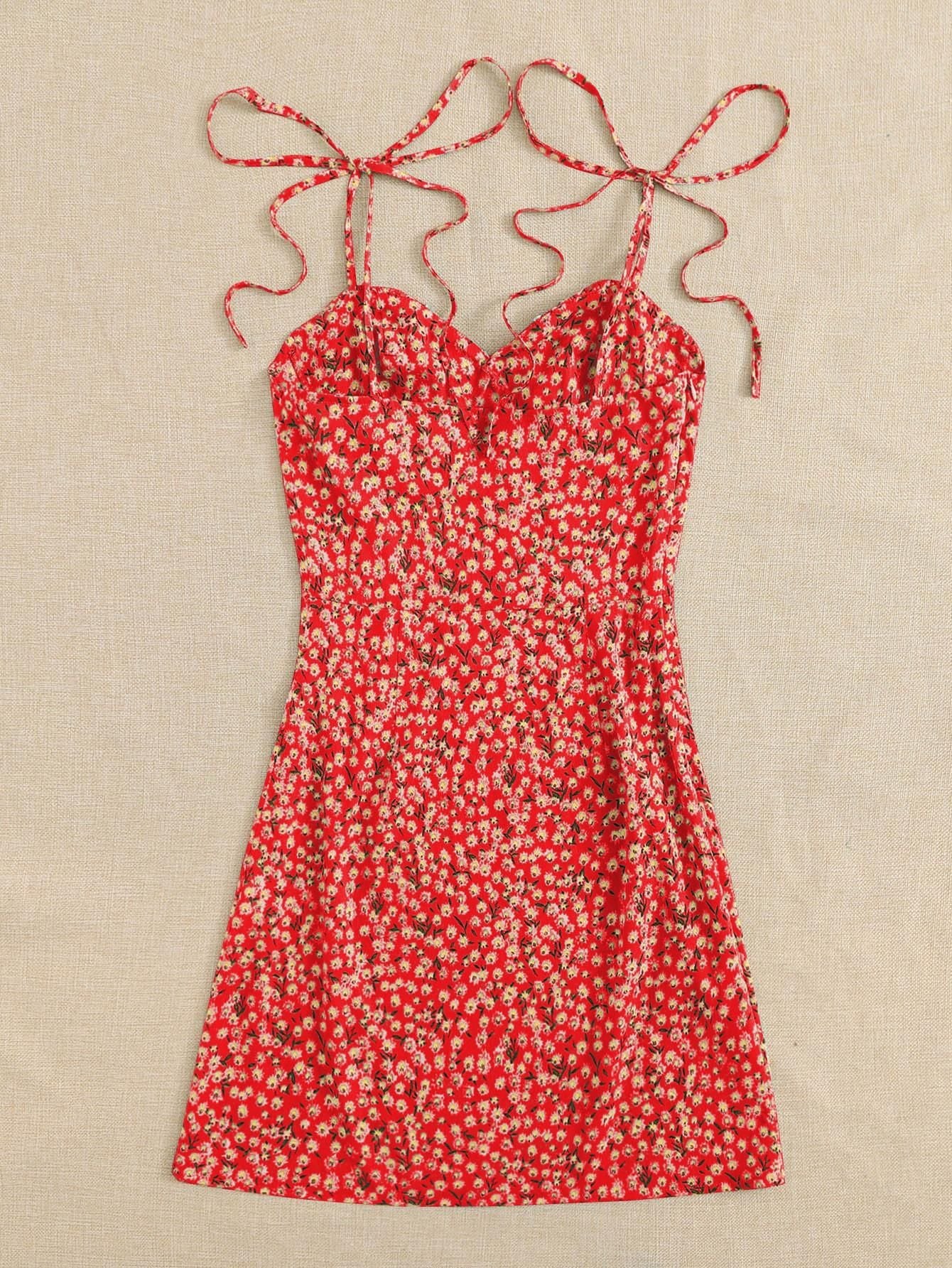 AAHWAN Women's Red Ditsy Floral Print Flared Mini Short Dress - SaumyasStore