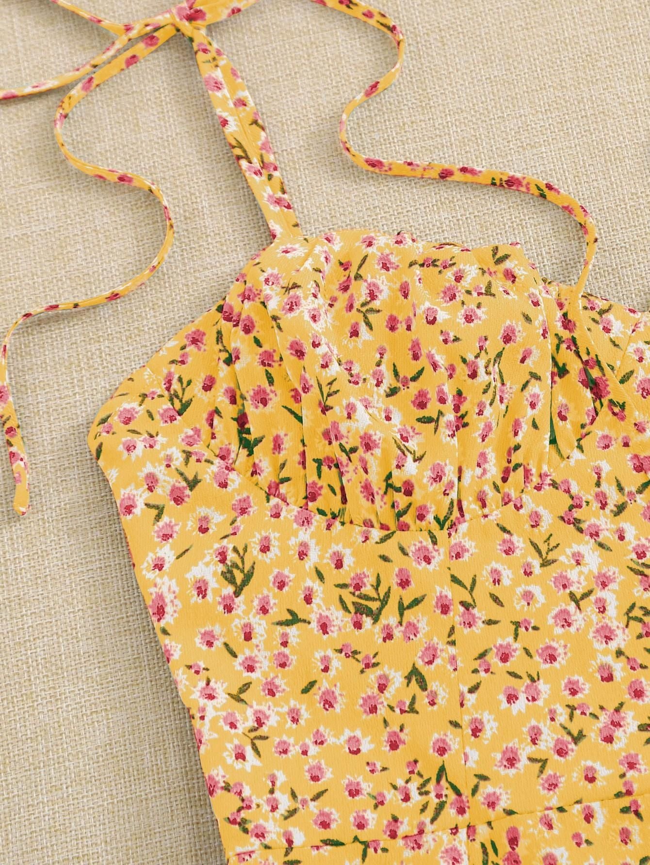 AAHWAN Women's Yellow Ditsy Floral Print Flared Mini Short Dress - SaumyasStore