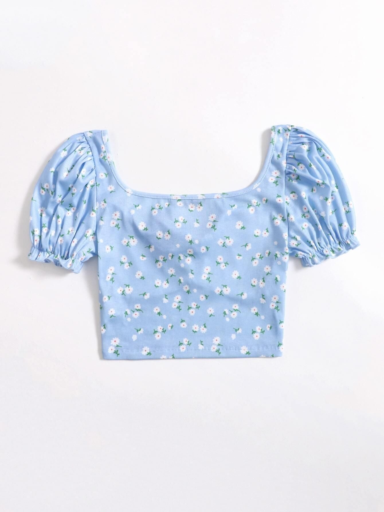 AAHWAN Puff Sleeves Floral Print Crop Top For Women's - SaumyasStore