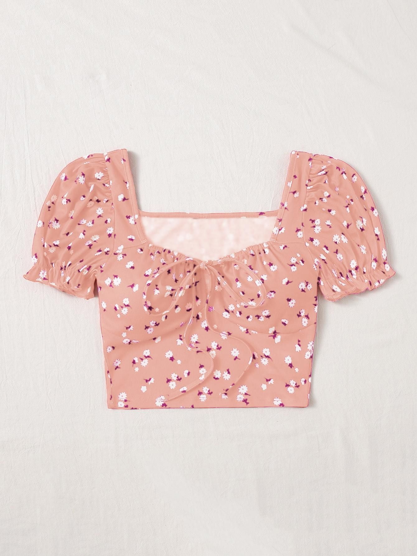 AAHWAN Puff Sleeves Floral Print Crop Top For Women's - SaumyasStore